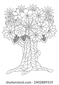 Flower tree coloring pages,Art therapy coloring page. Vector black and white coloring page for coloring book. Leaves and flowers in monochrome colors.