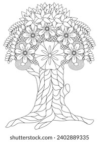 Flower tree coloring pages,Art therapy coloring page. Vector black and white coloring page for coloring book. Leaves and flowers in monochrome colors.