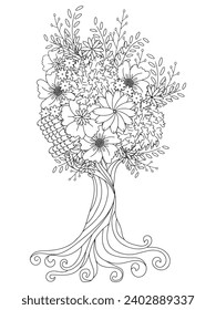 Flower tree coloring pages,Art therapy coloring page. Vector black and white coloring page for coloring book. Leaves and flowers in monochrome colors.