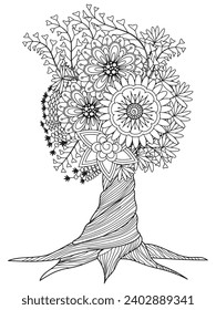 Flower tree coloring pages,Art therapy coloring page. Vector black and white coloring page for coloring book. Leaves and flowers in monochrome colors.