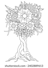  Flower tree coloring pages,Art therapy coloring page. Vector black and white coloring page for coloring book. Leaves and flowers in monochrome colors