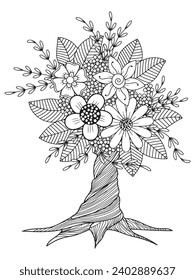  Blumenblättern, Kunsttherapie-Farbseiten. Vektorschwarz-weiße Farbseite zum Färben des Buches. Blätter und Blumen in einfarbigen Farben