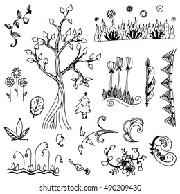 Flower And Tree Doodle From Free Hand  Drawing Vector Set