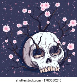 Flower tree growing out of a human skull. Pink cherry blossoms under the night starry sky.
