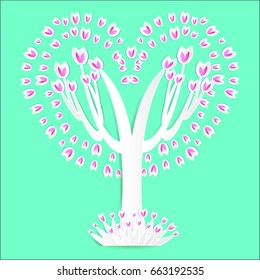 flower Tree  and Heart pink leaves paper cute on green background design beautiful vector illustrations