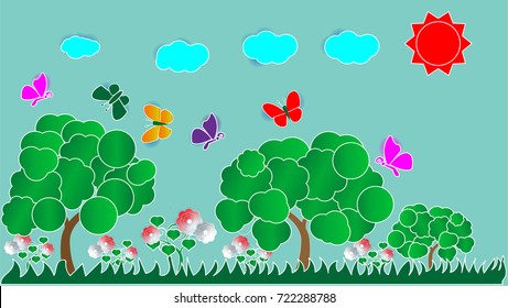flower with trees and grass. cut paper art 