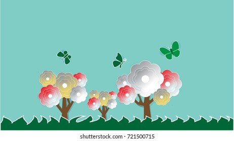 flower with trees and grass. paper art style