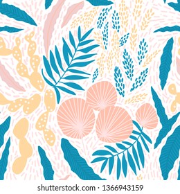 Flower trendy pastel seamless pattern in vector. Contemporary tropical floral illustration