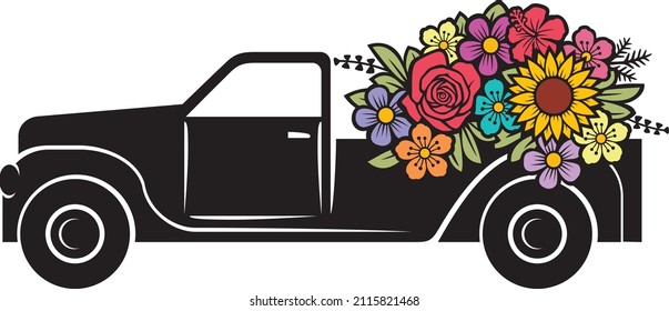 Flower Truck Color Vector Illustration