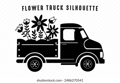 Flower Truck Silhouette black Clipart, Vintage Floral Truck Vector Silhouette