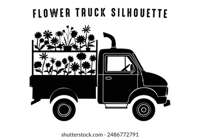 Flower Truck Silhouette black Clipart, Vintage Floral Truck Vector Silhouette