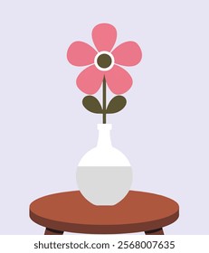 Flower tub for bedroom with pink flower and flower tub,  vector illustration for room decoration of pink color flower with leaves, leaf on table.