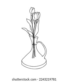 Flower tulip bouquet in vase linear drawing. Floral sketch collection 