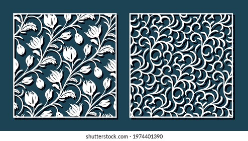 Flower tulip and curl patterns for laser cutting. Universal greeting card, laser cut panel. Vector illustration. Square 1 to1.