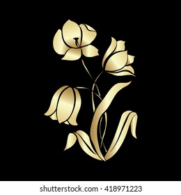 Flower tulip. Gold outline on black background, vector illustration
