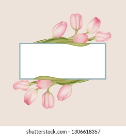 flower tulip, logo or postcard, vector bouquet, isolated label, flower decoration, nature, illustration bud leaves, design, decor, decorated,