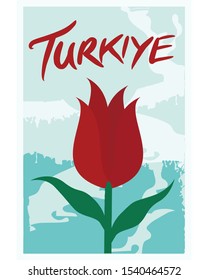 Flower Tulip of Turkey. (Turkish Text: Lale Turkiye). Vector Logo. Poster Illustration.