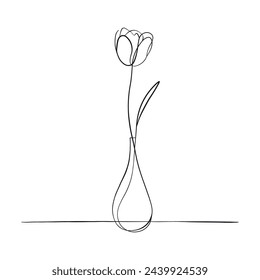 Flower Tulip in a vase one line art drawing. Minimalist vector isolated on white background. Perfect for print, wall decor, phone case, shirt, sticker, pillow, acrylic, border, wallpaper.