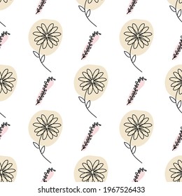 Flower and twig pattern in line art style on white background