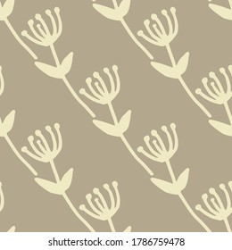 Flower twigs ornament seamless pattern. Light yellow branches on pastel beige background. Floral backdrop. Designed for wallpaper, textile, wrapping paper, fabric print. Vector illustration.