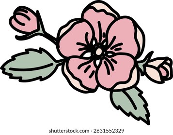 A flower with two buds and leaves in bold line art style. The illustration depicts a blossom with detailed petals and foliage. Cartoon vector illustration.
