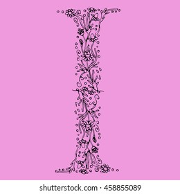 Flower type. Letter I. Hand drawn letter. Floral font.