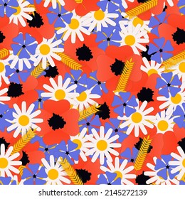 Patrón ucraniano de flores sin fisuras. Ornamento nacional con amapola, gamomile, periwinkle, oreja de centeno. Plantas tradicionales de Ucrania. Ilustración vectorial sin fin para impresión de tela, papel de envoltura, fondo