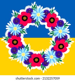 Flower ukrainian wreath on flag. Vector illustration. Pray for Ukraine. National symbol