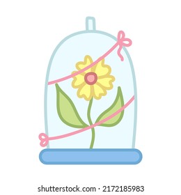 Flower under a glass cap. Gift with ribbon. Cartoon style. Hand drawn vector illustration isolated on white background.