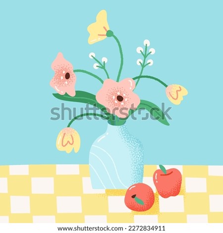 Flower vase and apples on a checkered table. Vector illustration of blooming flowers and fruits. Still life composition in colorful hand drawn style.