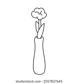 Flower in a vase. Black and white illustration, hand drawn coloring.