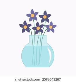 Flower in vase. Blue flowers bouquet. Glass vases with water. Cute colorful icon collection. Ceramic Pottery Glass decoration. White background. Flat design. Vector illustration