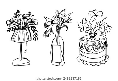 Flower in vase and bottle doodle illustration including different floral bouquets. Hand drawn cute line art outline plants in interior. Spring field bloom. Linear drawing for coloring. Vector isolated