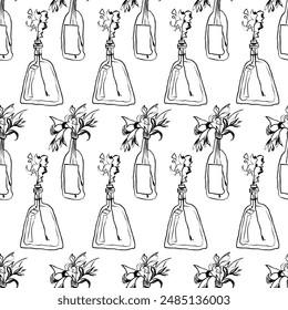 Flower in vase and bottle doodle seamless pattern illustration different floral bouquets. Hand drawn line art outline plants. Spring field bloom. Linear drawing for coloring. Vector isolated