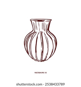 Flower vase, ceramic, empty. Hand drawn vector illustration in graphic style. For birthday cards, invitations, banners, posters, labels.