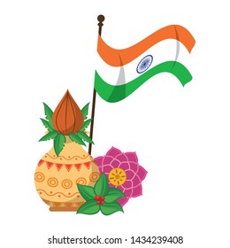 flower vase with close lotus and indian flag icon cartoon vector illustration graphic design