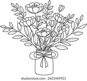 Flower vase coloring page. Flower illustration coloring book 