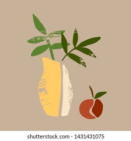 flower in a vase. contemporary trendy composition with plant, natural elements, organic simple logo, brushes vintage effect. 