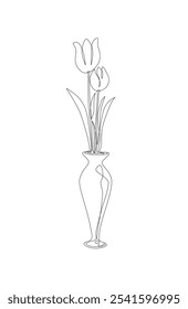 Flor em um vaso, contínua uma linha desenhada à mão, flores de tulipa em um vaso isolado em fundo branco, design de ilustração de vetor