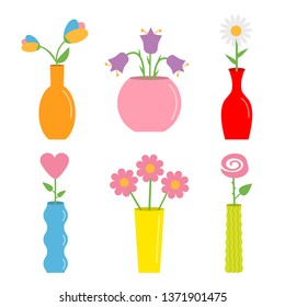 Flower in vase. Cute colorful icon set. Ceramic Pottery Glass decoration template. White background. Isolated. Flat design. Vector illustration