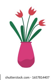 Blume in Vase Dekorationselement einzeln auf Weiß. Blumenblüte mit Blättern in buntem Topf. Rosa Farbe des natürlichen Blütenzeichens. Vektorillustration des Blumengartens der Frauentage