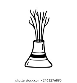 Flower in vase doodle illustration with floral bouquet. Hand drawn cute line art plants in interior. Thin linear drawing for coloring