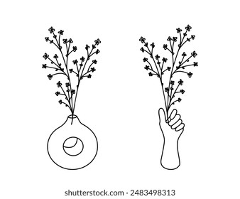 Flower in vase doodle illustration with floral bouquets. Hand drawn cute line art plants in interior. Thin linear drawing for coloring