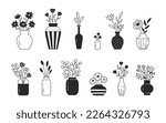 Flower in vase doodle illustration including different floral bouquets. Hand drawn cute line art about plants in interior. Thin linear drawing for coloring
