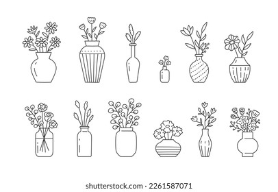 Flor en jarrón ilustrando doodle con diferentes ramos de flores. Dibujó una linea de arte sobre las plantas en el interior. Dibujo lineal delgado para colorear. Stroke Editable
