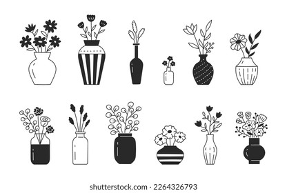 Flower in vase doodle illustration including different floral bouquets. Hand drawn cute line art about plants in interior. Thin linear drawing for coloring