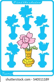 A flower in a vase. Find the shadow. Illustration and vector outline - ready to print. Preschool worksheet. 