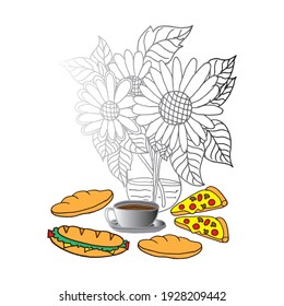 flower in the vase with food and beverage on white background. morning coffee. breakfast time. cup of coffee, sunflower. hand drawn vector. doodle food art for wallpaper, cover, banner, poster.