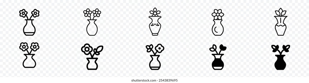 flower in vase icon, flower vase, Vase with flowers line icons. Vector set editable stroke. Glass flowerpots and vases