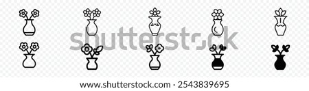 flower in vase icon, flower vase, Vase with flowers line icons. Vector set editable stroke. Glass flowerpots and vases